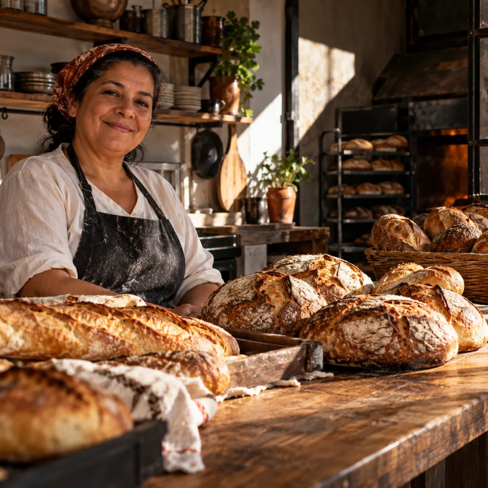 Dona de uma padaria de bairro atrás do balcão de pães artesanais